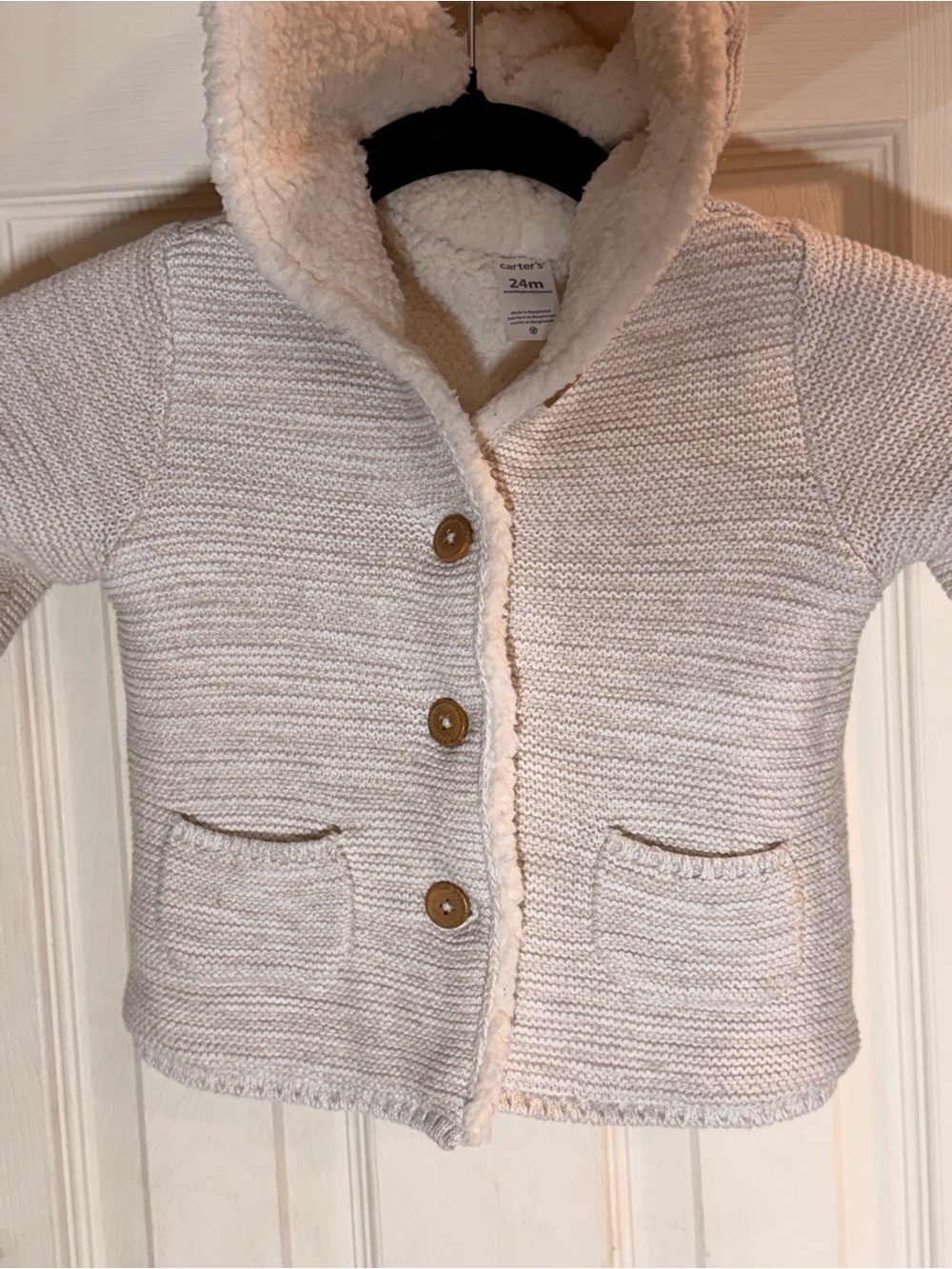 Carter's Cream Hooded Knit Sherpa Jacket with Wooden Buttons